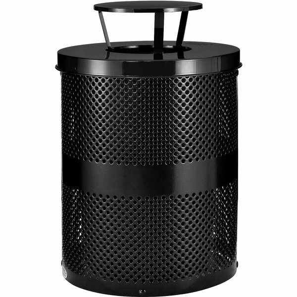 Global Industrial Outdoor Perforated Steel Trash Can With Rain Bonnet Lid, 36 Gallon, Black 261927BK